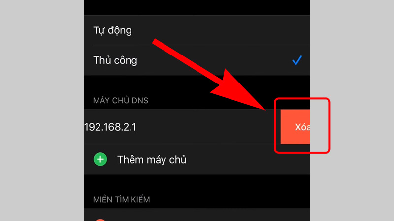 Lướt qua trái sau đó nhấn xóa máy chủ đang có